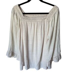 Zac & Rachel L Ivory Floral Peasant Blouse Crochet Trim Tunic Gauze Square Neck